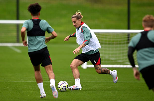 Kostas Tsimikas of Liverpool during a training session at AXA Training Centre on July 07, 2024 in Kirkby, England.