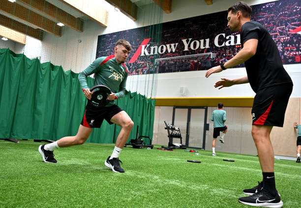 Conor Bradley of Liverpool during a training session at AXA Training Centre on July 07, 2024 in Kirkby, England.