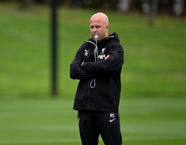 Arne Slot head coach of Liverpool during a training session at AXA Training Centre on July 07, 2024 in Kirkby, England.