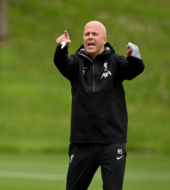 Arne Slot head coach of Liverpool during a training session at AXA Training Centre on July 07, 2024 in Kirkby, England.