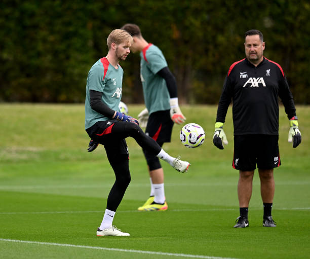 Caoimhin Kelleher of Liverpool during a training session at AXA Training Centre on July 07, 2024 in Kirkby, England.