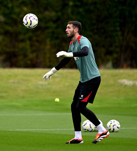 Harvey Davies of Liverpool during a training session at AXA Training Centre on July 07, 2024 in Kirkby, England.