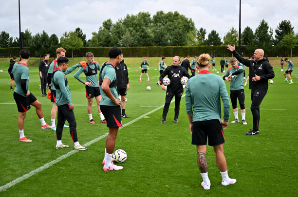 Arne Slot head coach of Liverpool during a training session at AXA Training Centre on July 07, 2024 in Kirkby, England.