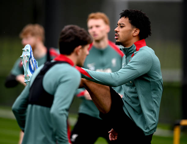 Calum Scanlon of Liverpool during a training session at AXA Training Centre on July 07, 2024 in Kirkby, England.