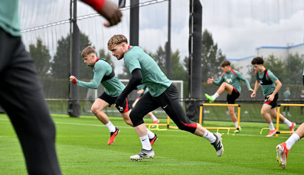 Harvey Elliott of Liverpool during a training session at AXA Training Centre on July 07, 2024 in Kirkby, England.