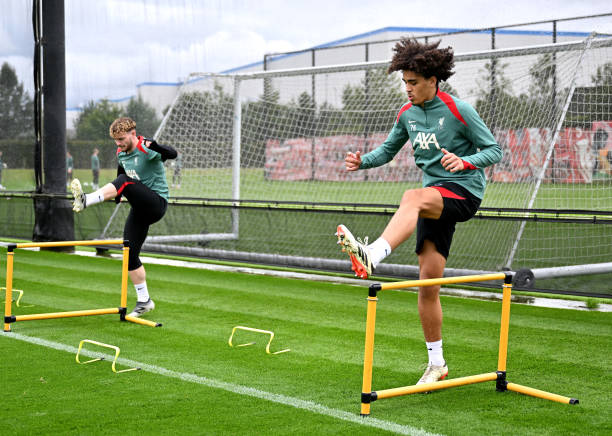 Jayden Danns of Liverpool during a training session at AXA Training Centre on July 07, 2024 in Kirkby, England.
