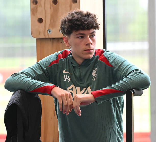 Luke Chambers of Liverpool during a training session at AXA Training Centre on July 07, 2024 in Kirkby, England.