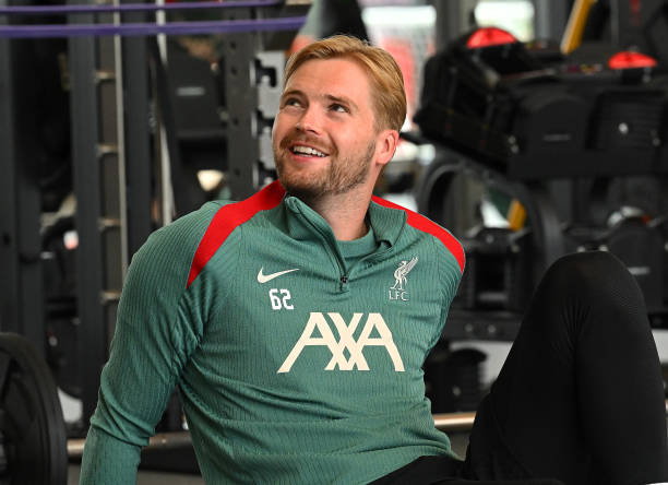 Caoimhin Kelleher of Liverpool during a training session at AXA Training Centre on July 07, 2024 in Kirkby, England.
