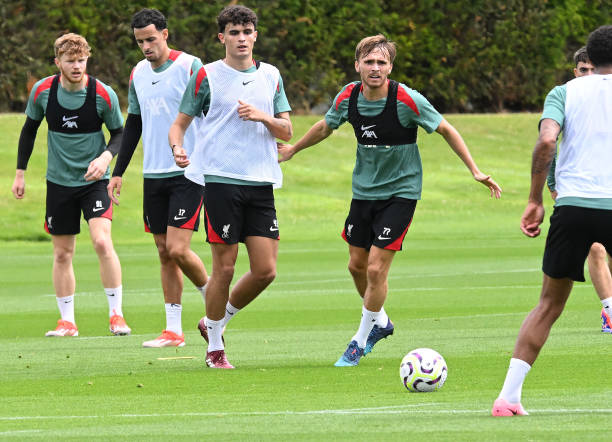 Stefan Bajcetic of Liverpool during a training session at AXA Training Centre on July 07, 2024 in Kirkby, England.