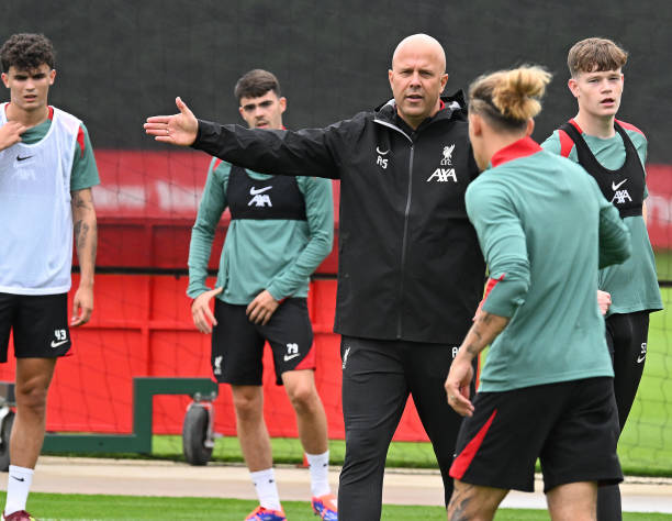 Arne Slot Head Coach of Liverpool during a training session at AXA Training Centre on July 07, 2024 in Kirkby, England.