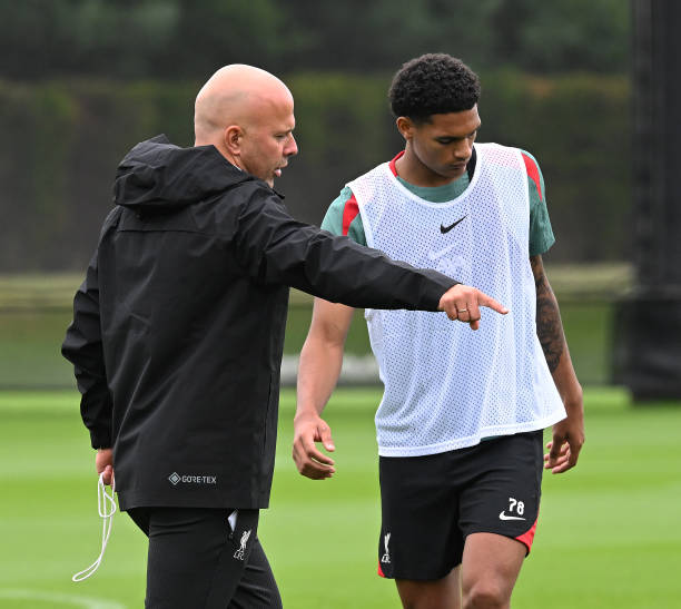 Arne Slot Head Coach of Liverpool during a training session at AXA Training Centre on July 07, 2024 in Kirkby, England.