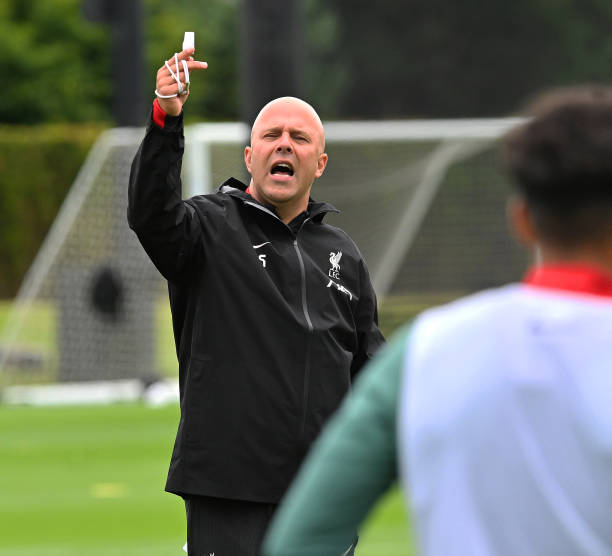 Arne Slot Head Coach of Liverpool during a training session at AXA Training Centre on July 07, 2024 in Kirkby, England.
