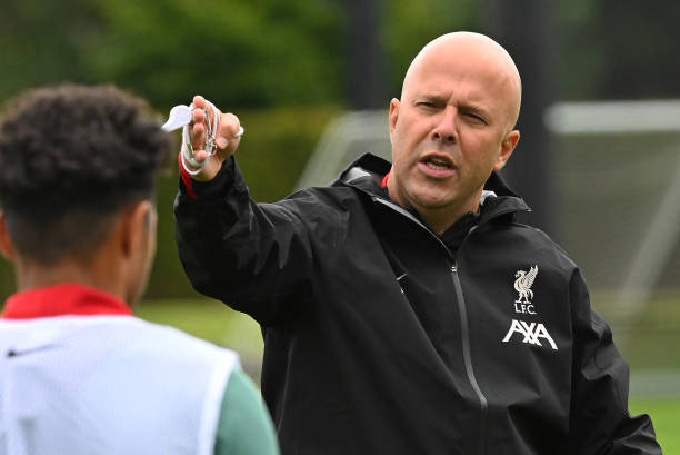 Arne Slot Head Coach of Liverpool during a training session at AXA Training Centre on July 07, 2024 in Kirkby, England.