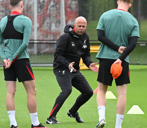 Arne Slot Head Coach of Liverpool during a training session at AXA Training Centre on July 07, 2024 in Kirkby, England.