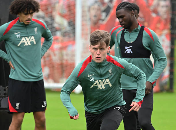 Ben Doak of Liverpool during a training session at AXA Training Centre on July 07, 2024 in Kirkby, England.