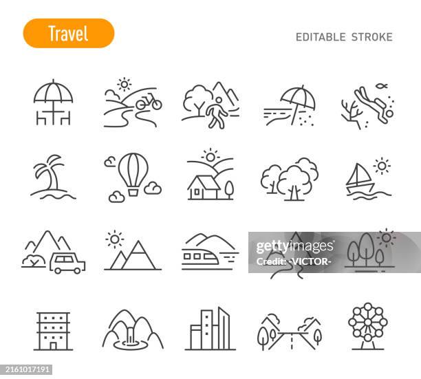 illustrazioni stock, clip art, cartoni animati e icone di tendenza di icone di viaggio - serie line - ombrellino