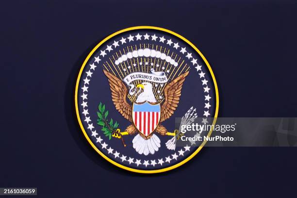 The seal of the president of the United States is seen on a rostrum before U.S. President Joe Biden speaking at the Ukraine Compact meeting during...