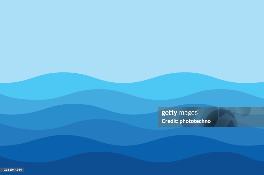 Blue curves and the waves of the sea range from soft to dark vector background flat design style.