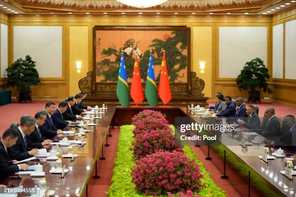 Chinese President Xi Jinping attends a meeting with Solomon Islands Prime Minister Jeremiah Manele at the Great Hall of the People on July 12, 2024...