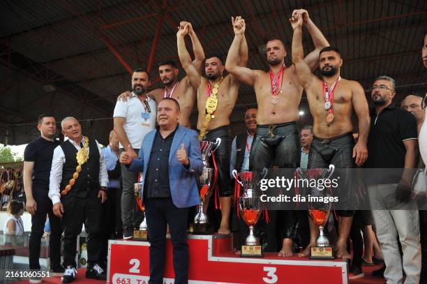 Wrestlers complete in the 663rd Kırkpınar Oil Wrestling festival on July 7, 2024 in Edirne, Türkiye.