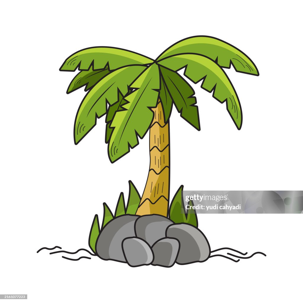 Banana tree green leaf with stone and grass illustration on white background