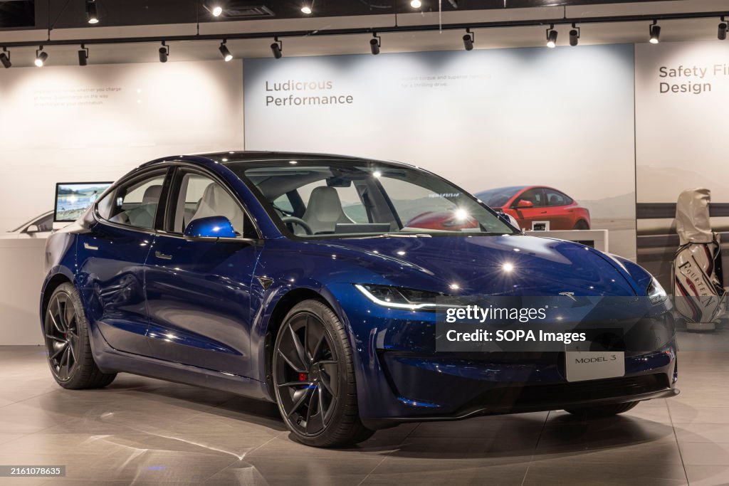 Tesla model 3 seen on display at their store in Tokyo...