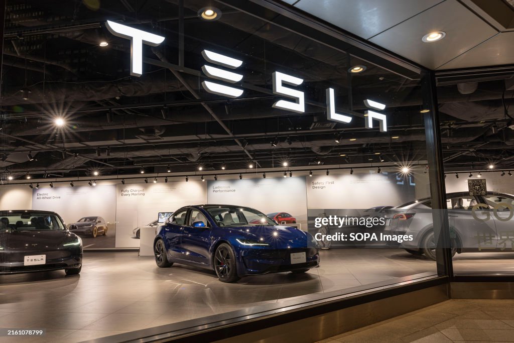 Tesla model 3 seen on display at their store in Tokyo...