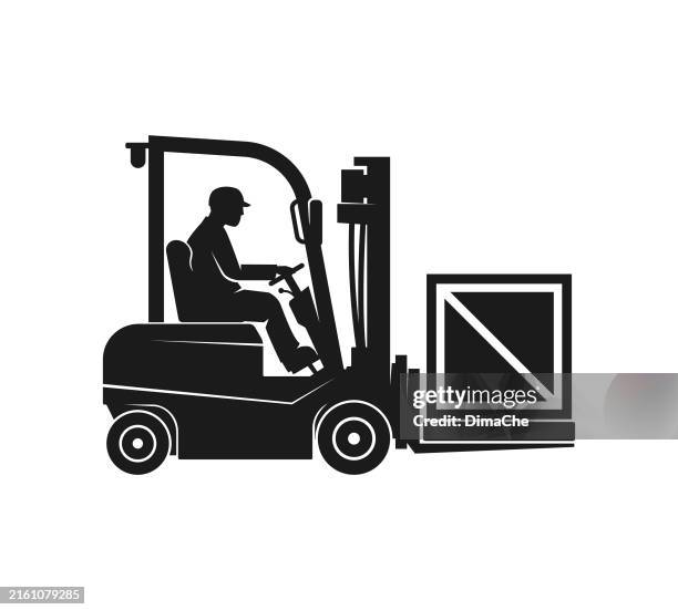 gabelstapler, lader, gabelstapler, gabelstapler, fracht-flurförderzeug, lagergabelstapler mit fahrer, der frachtcontainer trägt - ausgeschnittenes vektor-silhouetten-symbol - gabelstapler stock-grafiken, -clipart, -cartoons und -symbole