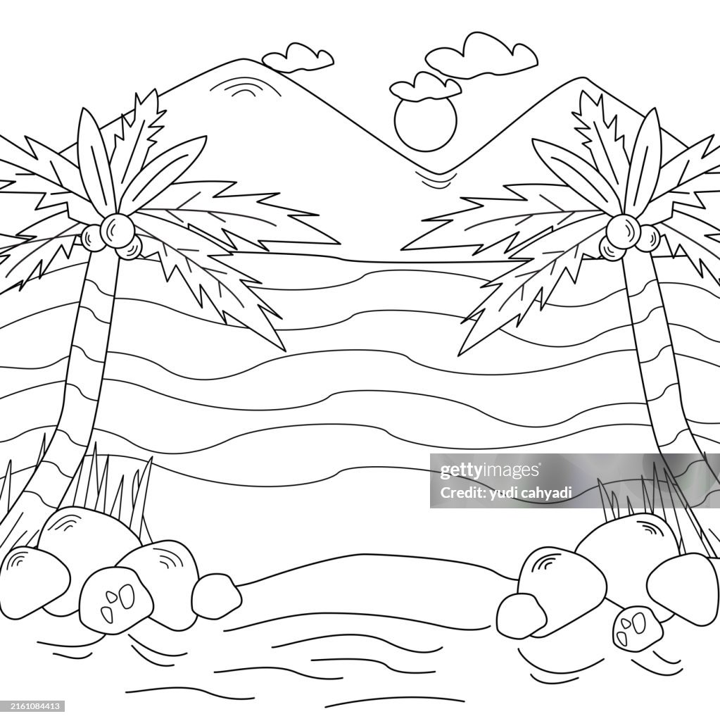 Beach coloring pages for kids and adult with palm tree, stone, and mountain black and white illustration low detail thick line