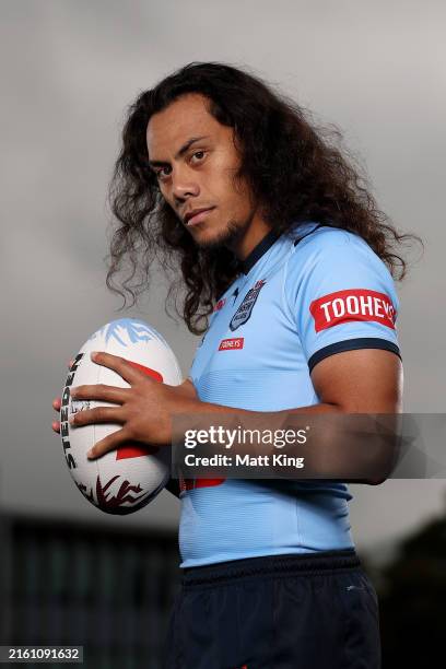 Jarome Luai of the Blues poses during a NSW Blues State of Origin media opportunity at NSWRL Centre of Excellence on July 08, 2024 in Sydney,...