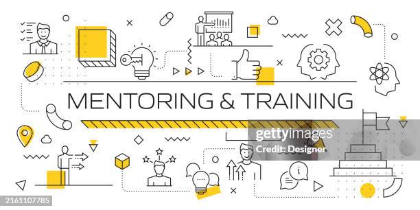 mentoring and training related line style banner design for web page, headline, brochure, annual report and book cover - teaching assistant stock illustrations