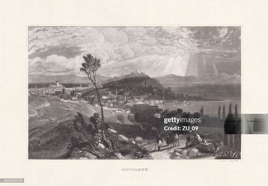 Historical view of Mytilene, Lesbos, Greece, steel engraving, published 1836