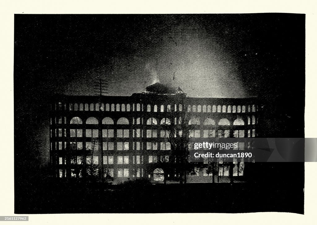 Fire, Burning building, the Power house of the Capital Traction Company, Washington, 1890s, after 19th Century Vintage photograph