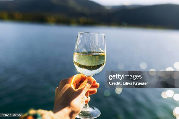 female hands holding a glass of white wine against the backdrop of an austian lake. - weißwein stock-fotos und bilder