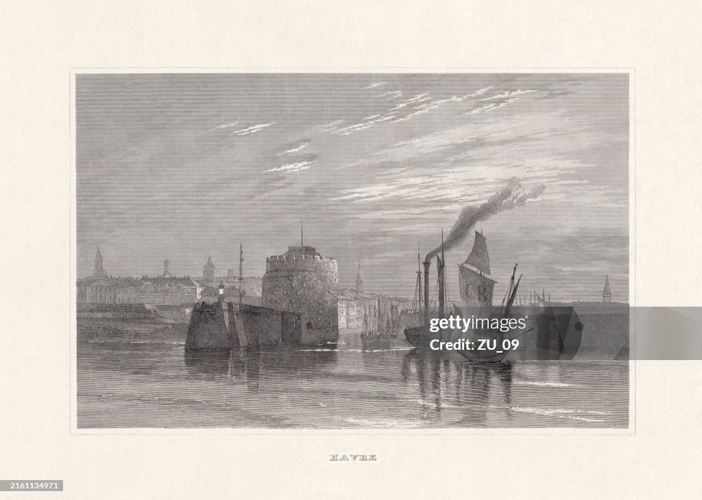 Le Havre, França, pintado por Turner, gravura em aço, publicado em 1836