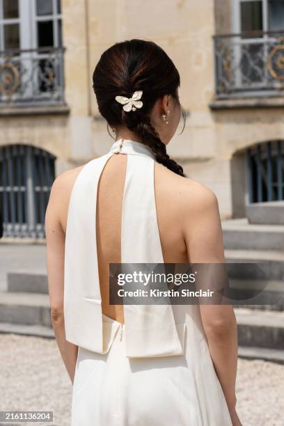 Guest wears a Dior dress and Butterfly hair clip outside the Dior show during the Haute Couture Fall/Winter 2024/2025 as part of Paris Fashion Week...