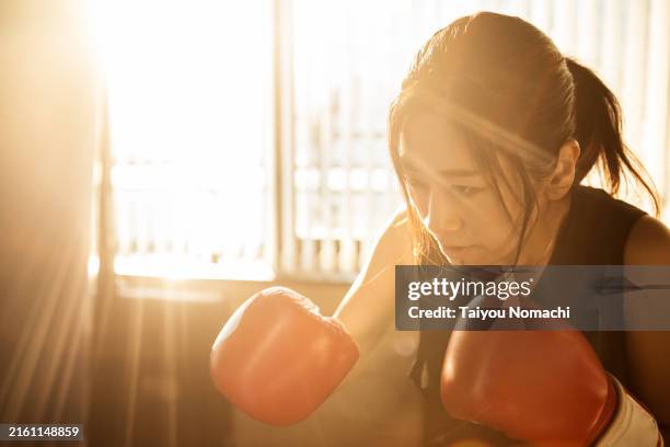 a japanese woman training hard in boxing. - posizione di lotta foto e immagini stock