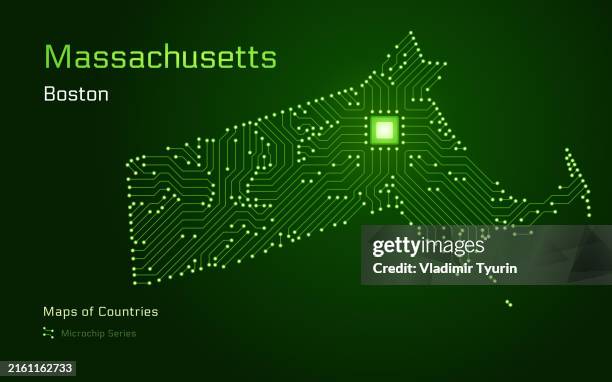 massachusetts map with a capital of boston shown in a microchip pattern. - massachusetts state house stock illustrations