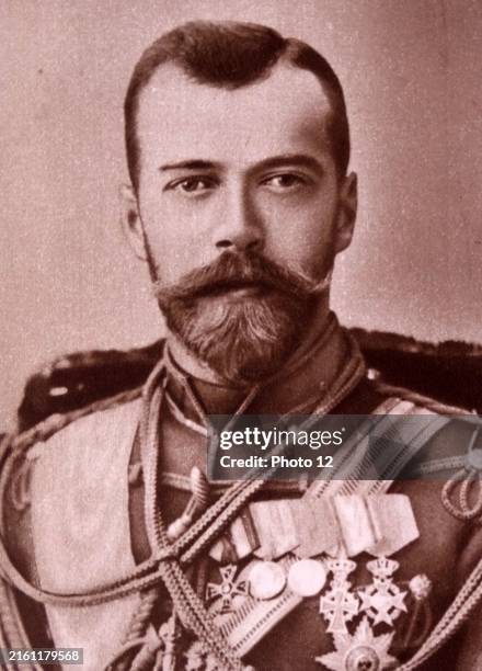 Photographic portrait of Tsar Nicholas II or Nikolai II was the last Emperor of Russia, ruling from 1 November 1894 until his forced abdication on 15...