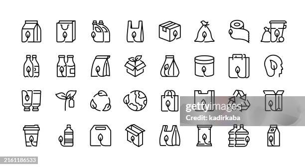 eco package line icon set. group of object. packaging, biodegradable, environment, package, paper, plastic, recycling, reusable. - sustainable lifestyle stock illustrations