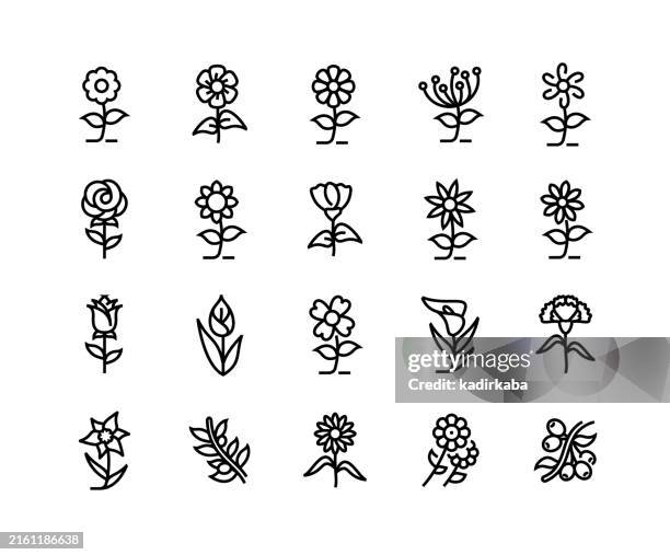 stockillustraties, clipart, cartoons en iconen met flowers line icon set. group of object. - zonnebloemen