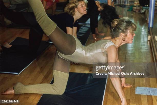 American actress and activist Jane Fonda during a class at the opening of the 'Workout' exercise gym in Beverly Hills, California, United States,...
