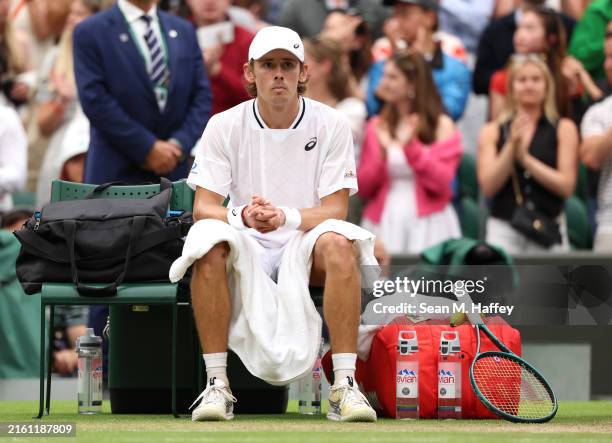 Alex de Minaur of Australia reacts following victory against Arthur Fils of France in his Gentlemen's Singles fourth round match during day eight of...