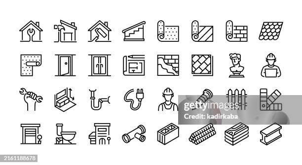 home renovation line icon set. group of object. home repair, house painting. - plaster construction material stock illustrations