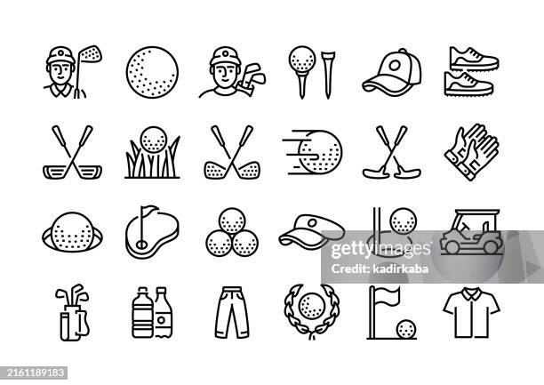 golf line icon set. group of object. golf ball, golf field, golf tee, golfer, golf stick, golf putter, golf course, golf caddy, golf strike, golf cap, golf hole. - putting golf stock illustrations