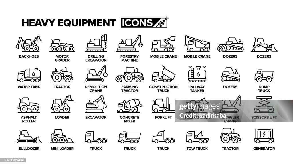 Icon-Set für die Linie für schwere Geräte. Gruppe von Objekten. Planierraupe, Bagger, Bagger, Muldenkipper, Gabelstapler, Maschine, LKW.