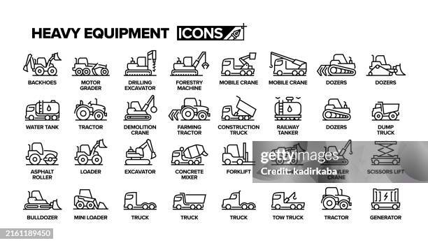 stockillustraties, clipart, cartoons en iconen met heavy equipment line icon set. group of object. bulldozer, excavator, backhoe, dump truck, forklift, machinery, truck. - grondverzetmachine