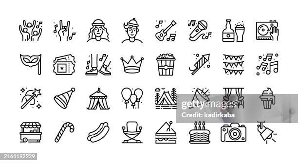 festival-linien-icon-set. gruppe von objekten. feiern, gemeinschaft, tanzen, unterhaltung, event, spaß, geselliges beisammensein. - filmfestival stock-grafiken, -clipart, -cartoons und -symbole