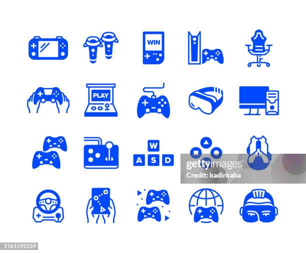 video games line icon set. group of object. games, game controller, mobile game, arcade game, game pad, tournament, gaming pc. - virtual games icons stock illustrations