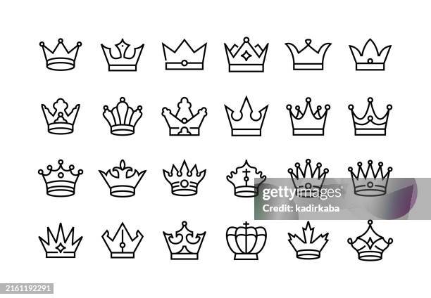 illustrations, cliparts, dessins animés et icônes de ensemble d’icônes de ligne de couronne. groupe d’objets. - monarque rôle social